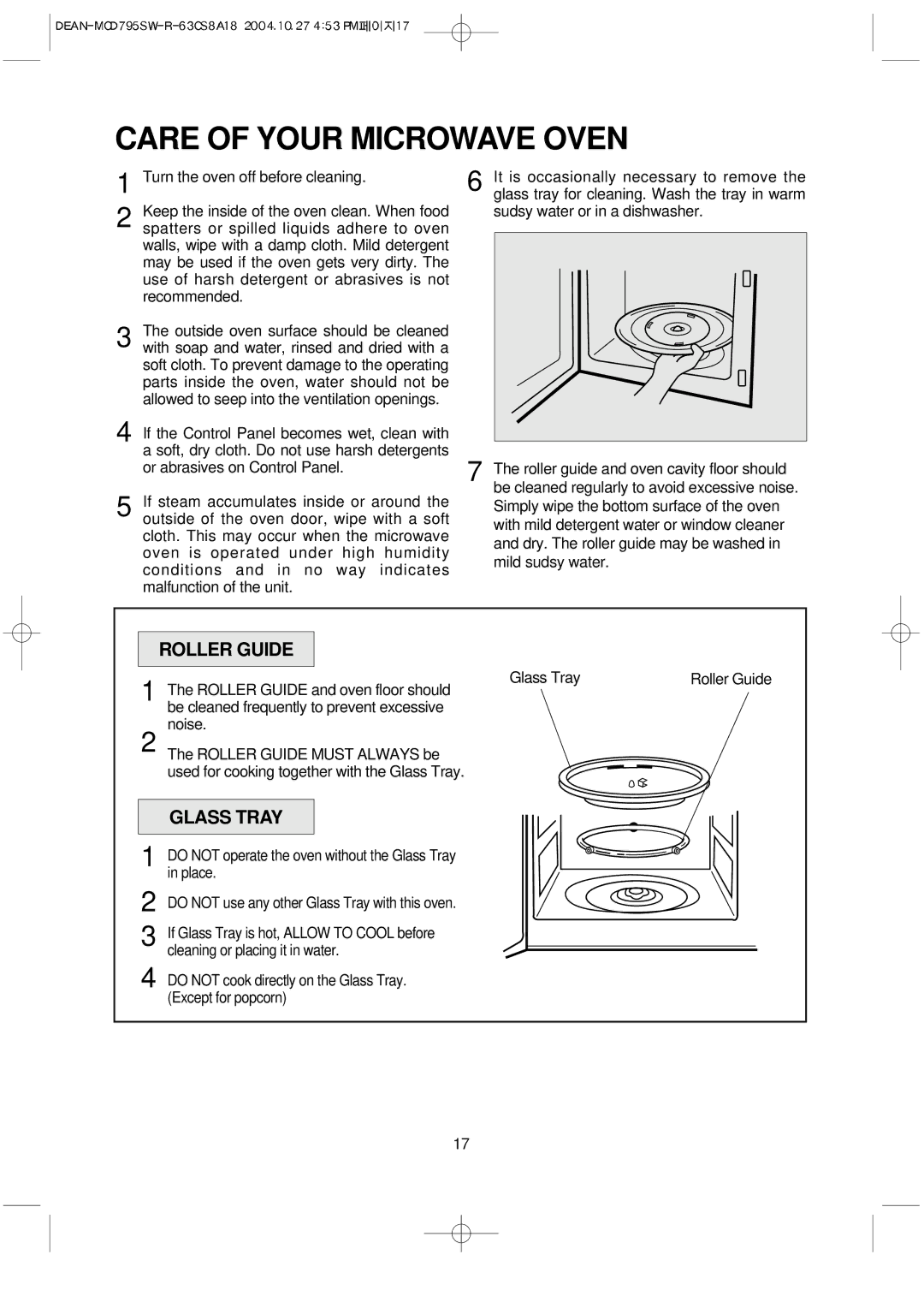 Magic Chef MCD795SW operating instructions Care of Your Microwave Oven, Roller Guide, Glass Tray 