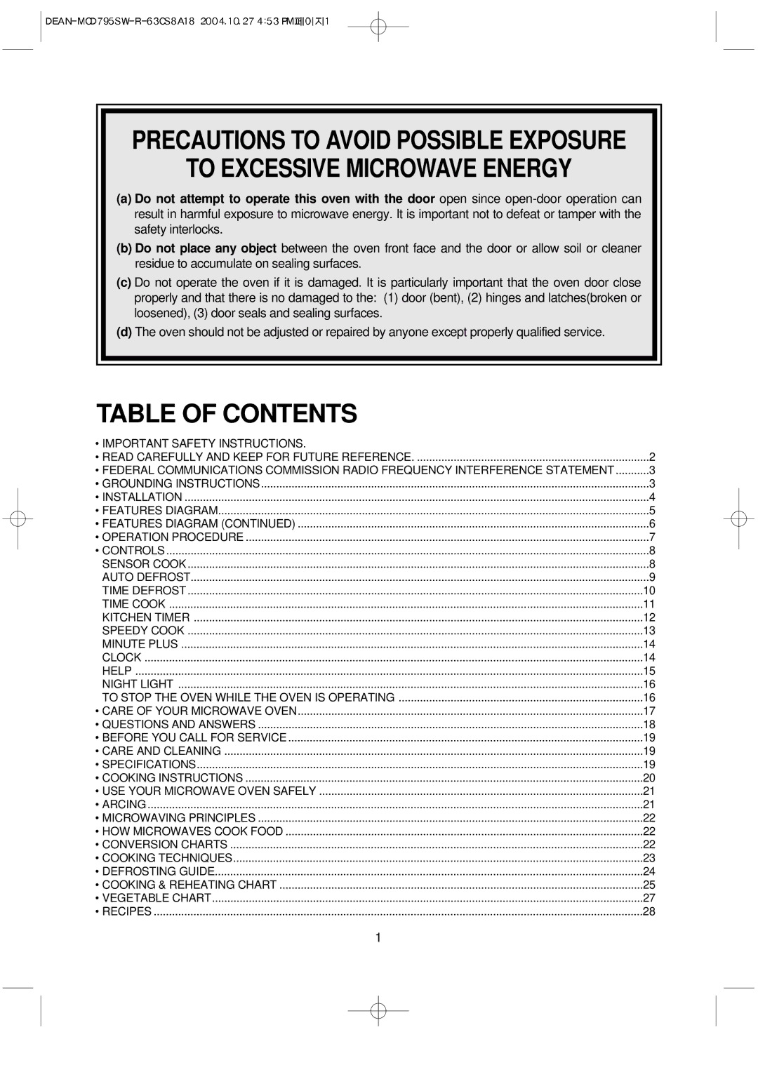 Magic Chef MCD795SW operating instructions Table of Contents 