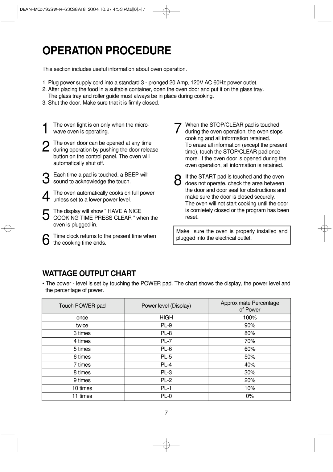 Magic Chef MCD795SW operating instructions Operation Procedure, Wattage Output Chart 