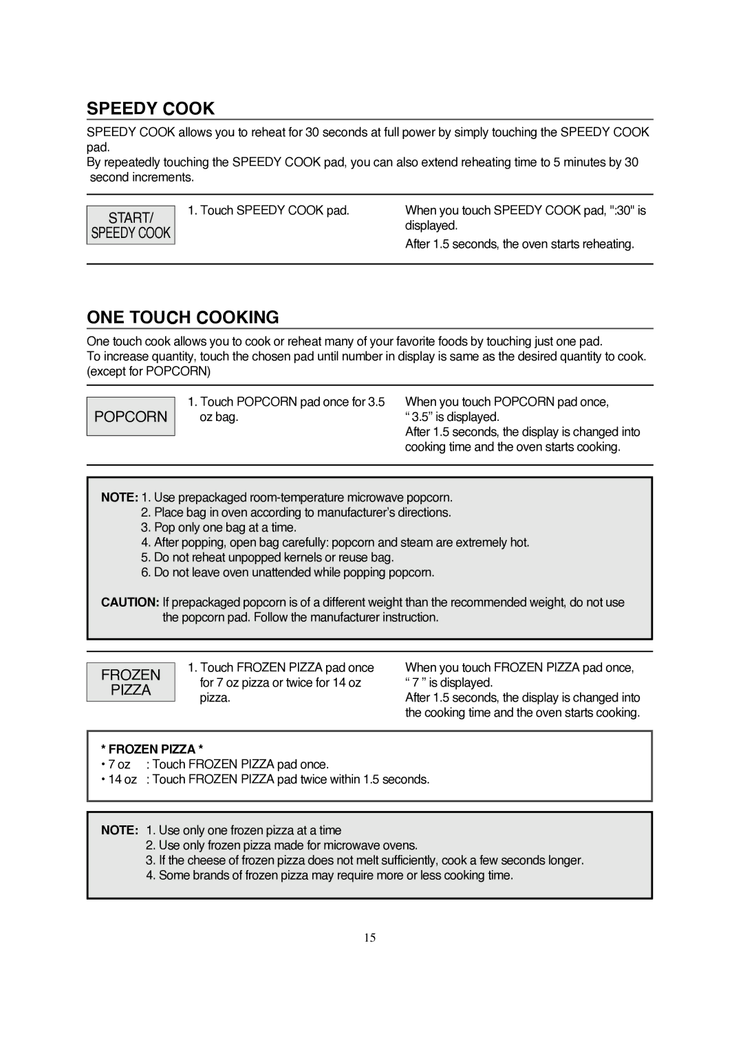 Magic Chef MCD990ARB, MCD990ARW instruction manual Speedy Cook, ONE Touch Cooking, Start, Popcorn, Frozen Pizza 