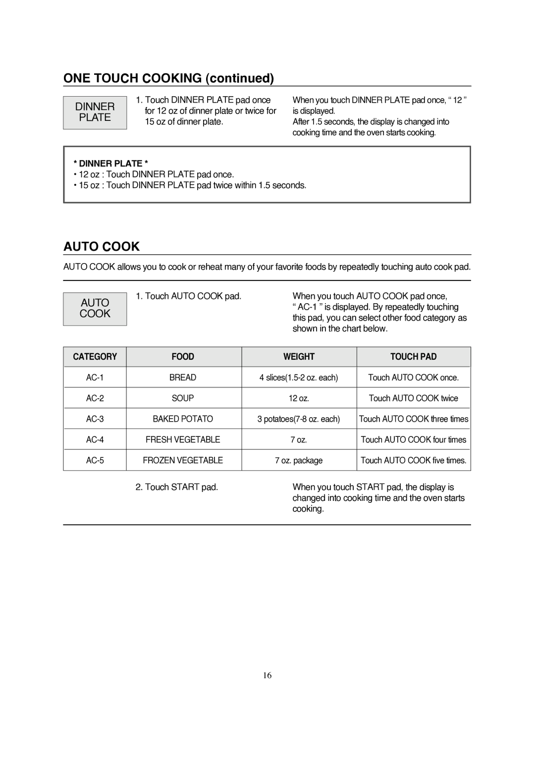 Magic Chef MCD990ARW, MCD990ARB instruction manual Auto Cook, Dinner Plate, Category Food Weight Touch PAD 