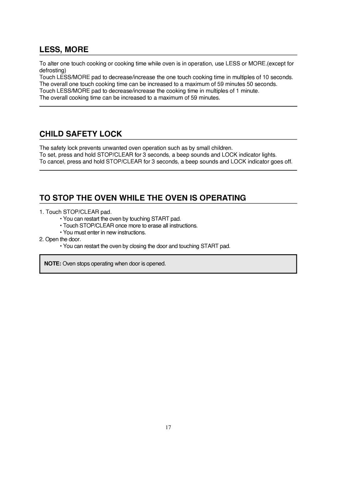 Magic Chef MCD990ARB, MCD990ARW LESS, More, Child Safety Lock, To Stop the Oven While the Oven is Operating 