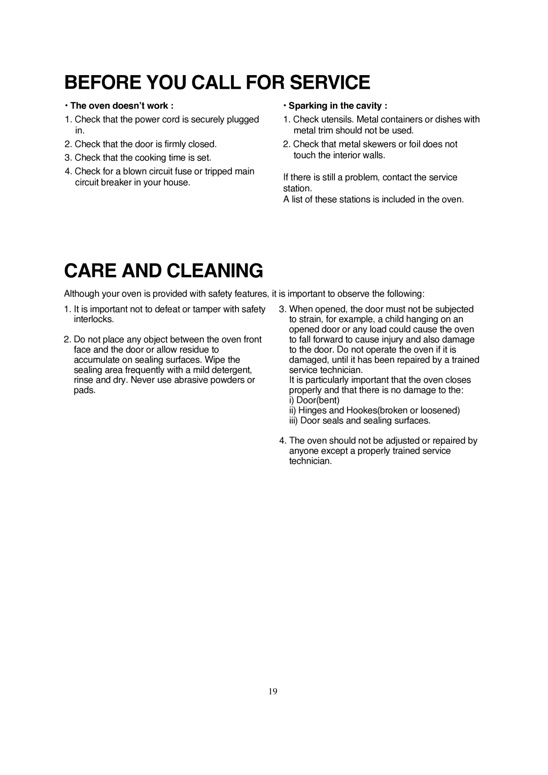 Magic Chef MCD990ARB, MCD990ARW Before YOU Call for Service, Care and Cleaning, Oven doesn’t work, Sparking in the cavity 