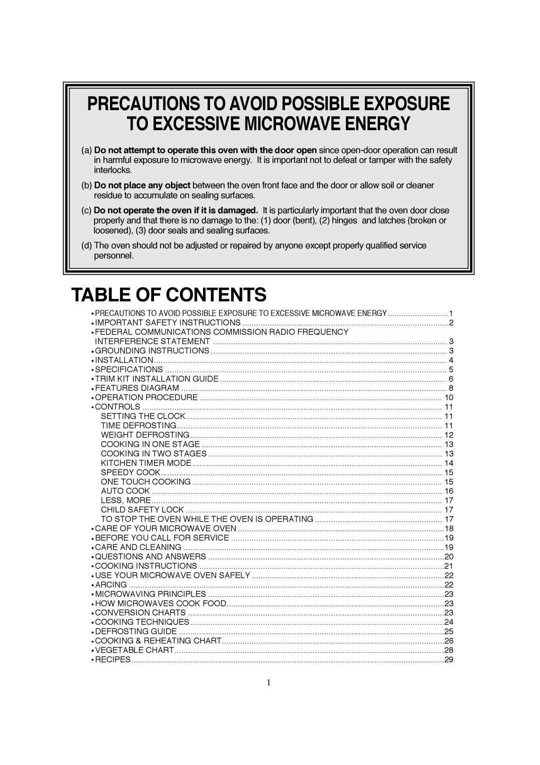 Magic Chef MCD990ARB, MCD990ARW Precautions To Avoid Possible Exposure To Excessive Microwave Energy, Table Of Contents 