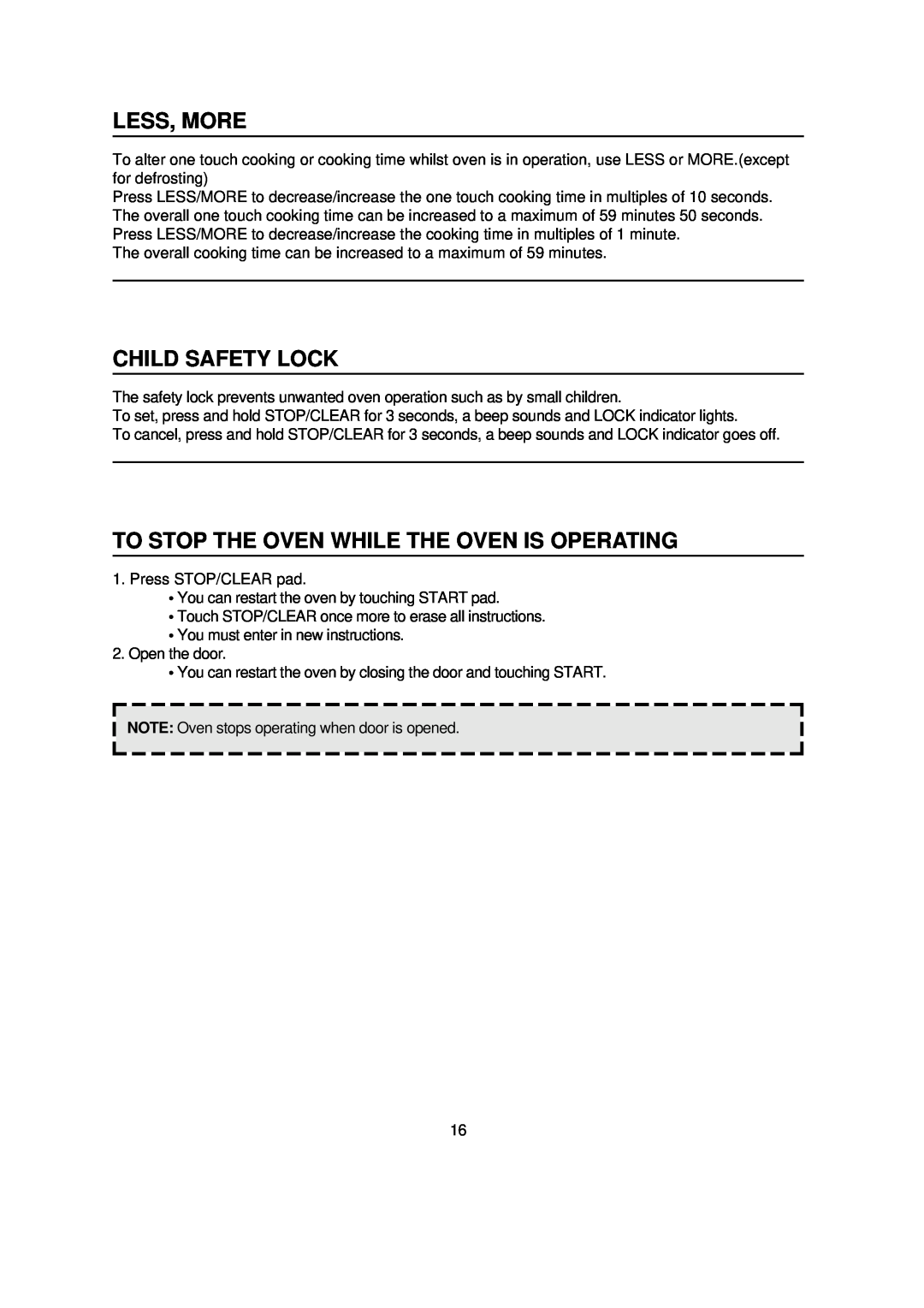 Magic Chef MCD990ARS instruction manual Less, More, Child Safety Lock, To Stop The Oven While The Oven Is Operating 