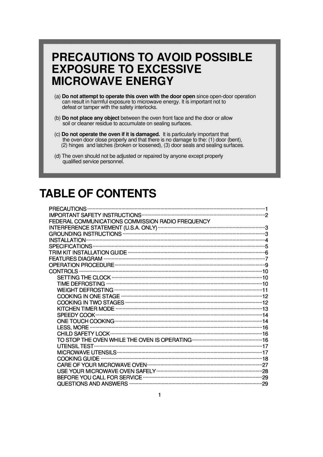 Magic Chef MCD990ARS Precautions To Avoid Possible Exposure To Excessive Microwave Energy, Table Of Contents 