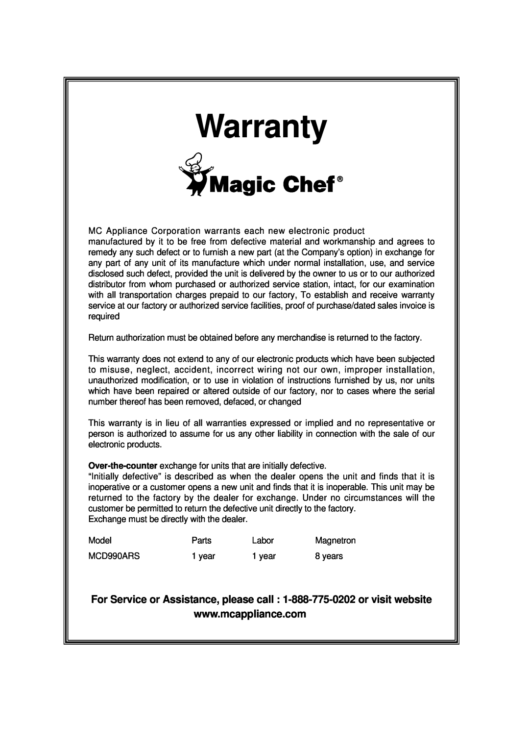 Magic Chef MCD990ARS instruction manual Warranty 