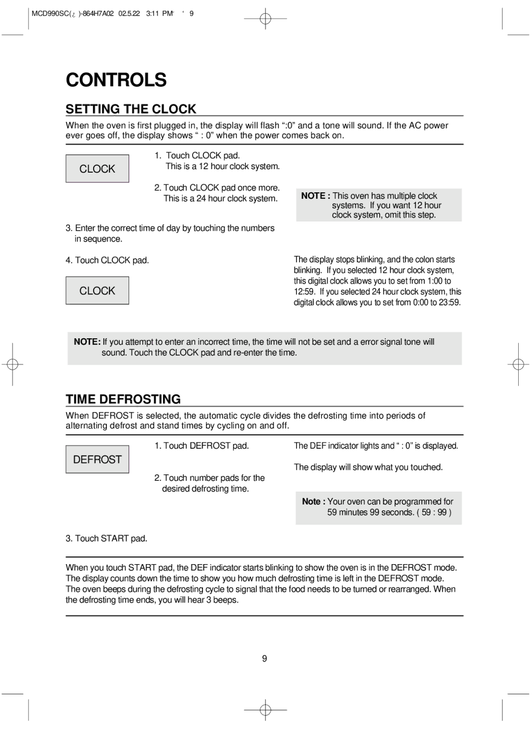 Magic Chef MCD990SC instruction manual Controls, Setting the Clock, Time Defrosting 