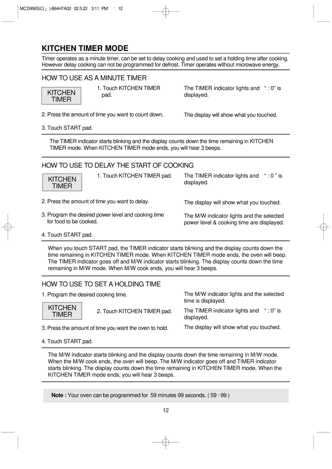 Magic Chef MCD990SC Kitchen Timer Mode, HOW to USE AS a Minute Timer Kitchen, HOW to USE to SET a Holding Time 