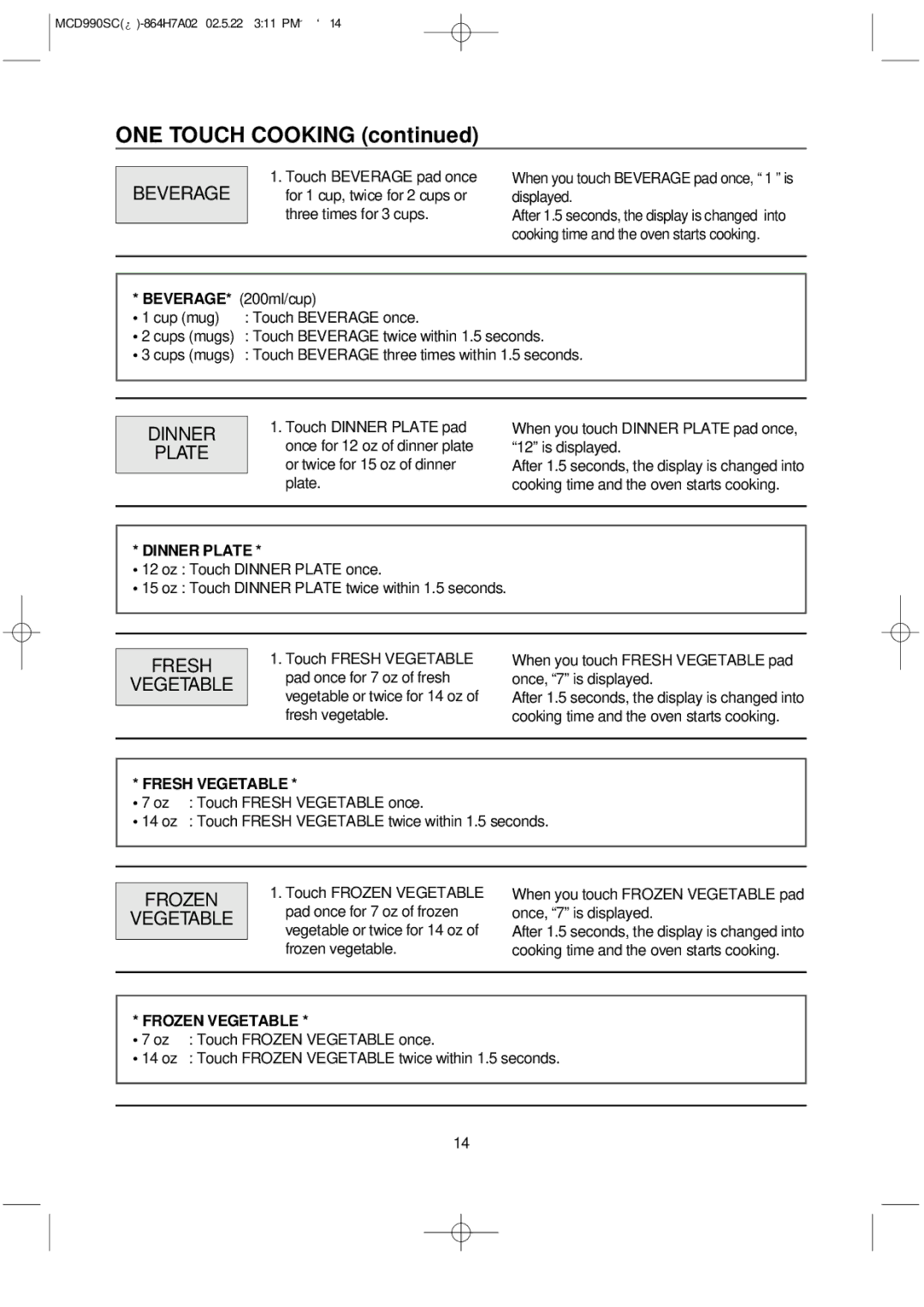 Magic Chef MCD990SC instruction manual Beverage, Dinner Plate, Fresh Vegetable, Frozen Vegetable 