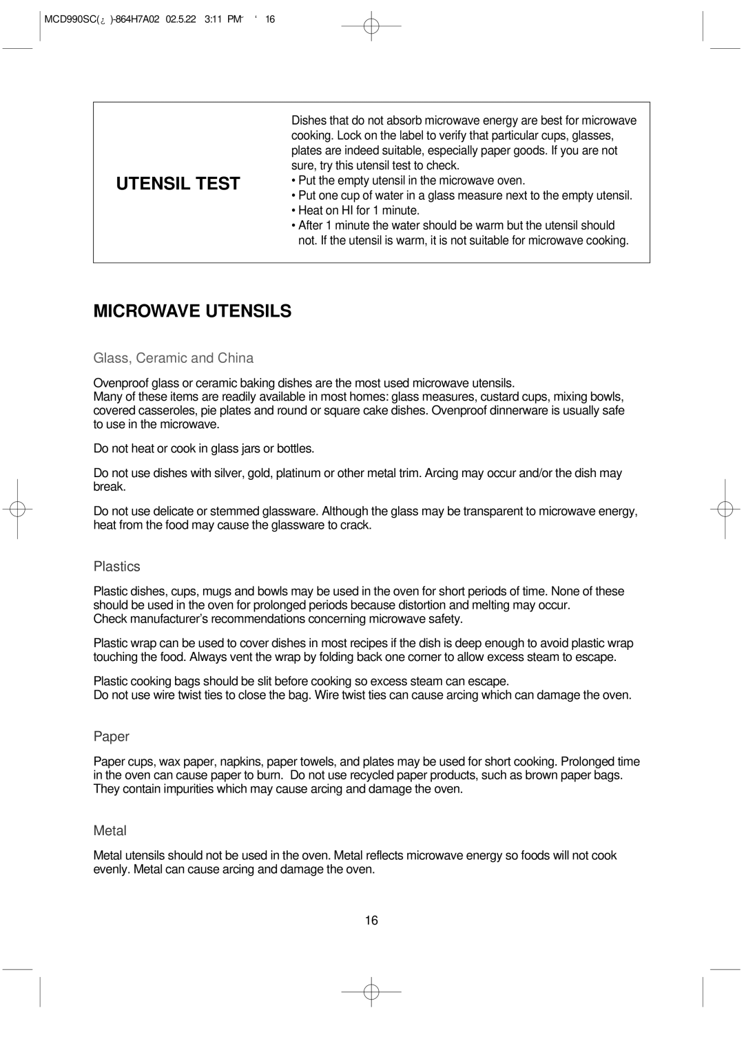 Magic Chef MCD990SC instruction manual Utensil Test, Microwave Utensils 