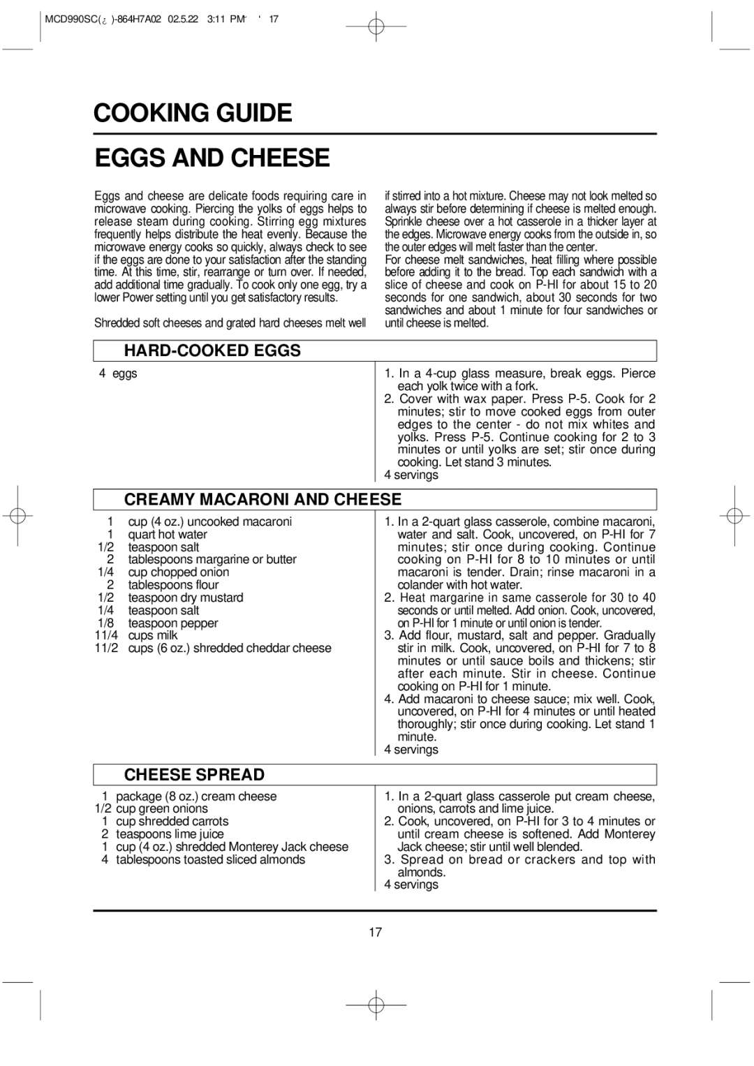 Magic Chef MCD990SC Cooking Guide Eggs and Cheese, HARD-COOKED Eggs, Creamy Macaroni and Cheese, Cheese Spread 