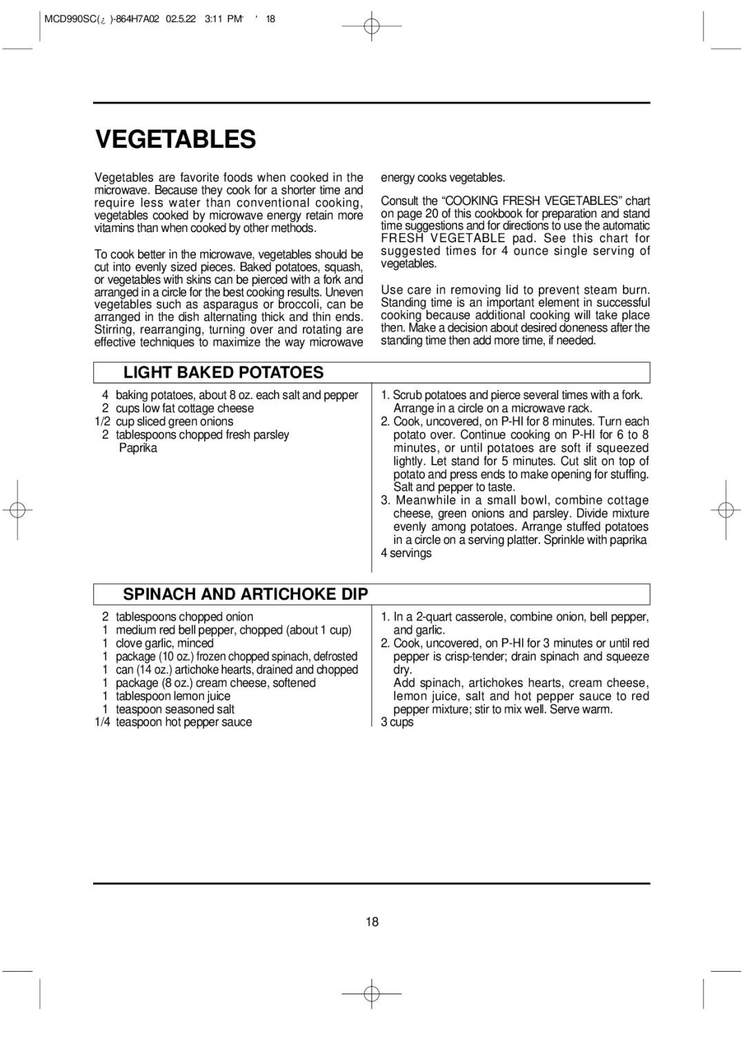 Magic Chef MCD990SC instruction manual Vegetables, Light Baked Potatoes, Spinach and Artichoke DIP 