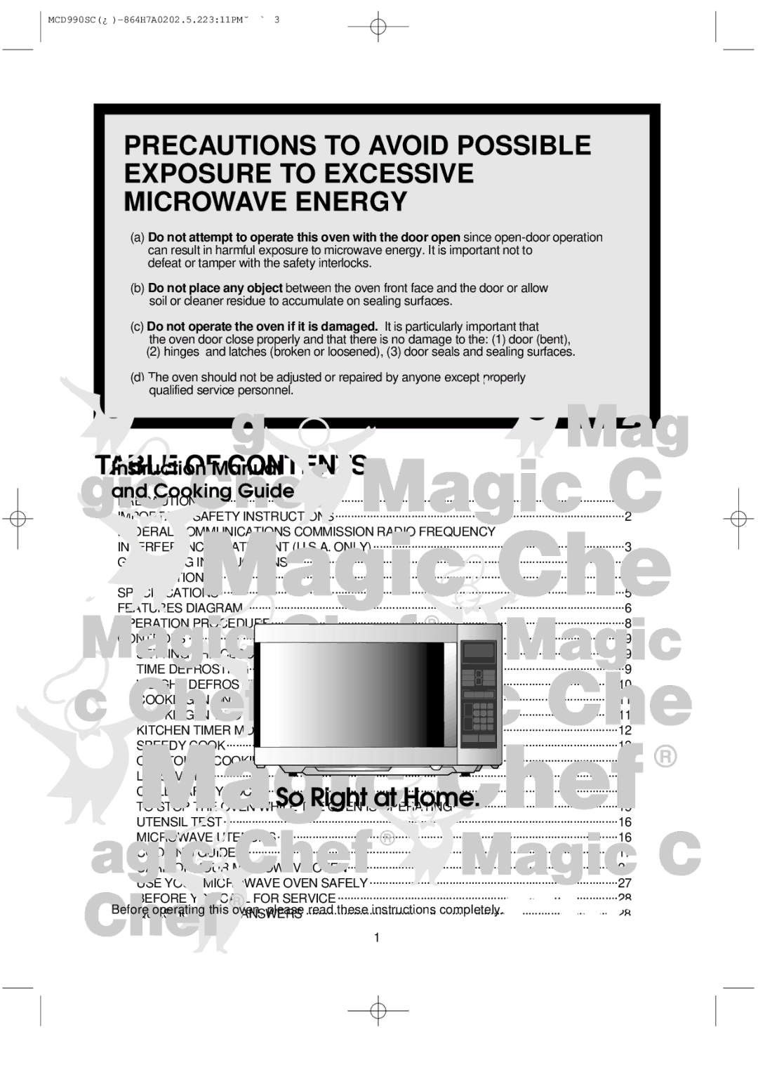 Magic Chef MCD990SC instruction manual Table of Contents 