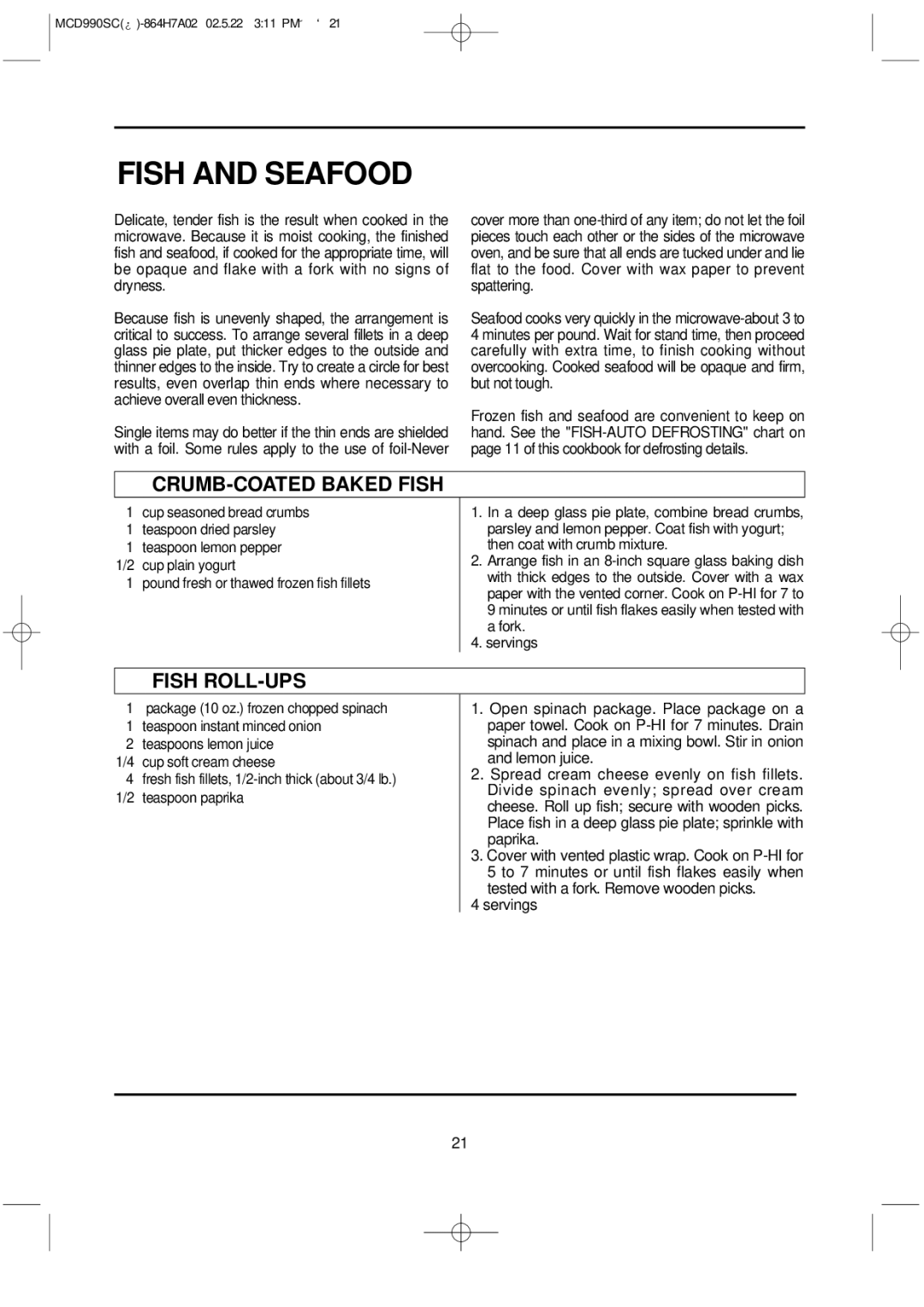 Magic Chef MCD990SC instruction manual Fish and Seafood, CRUMB-COATED Baked Fish, Fish ROLL-UPS 