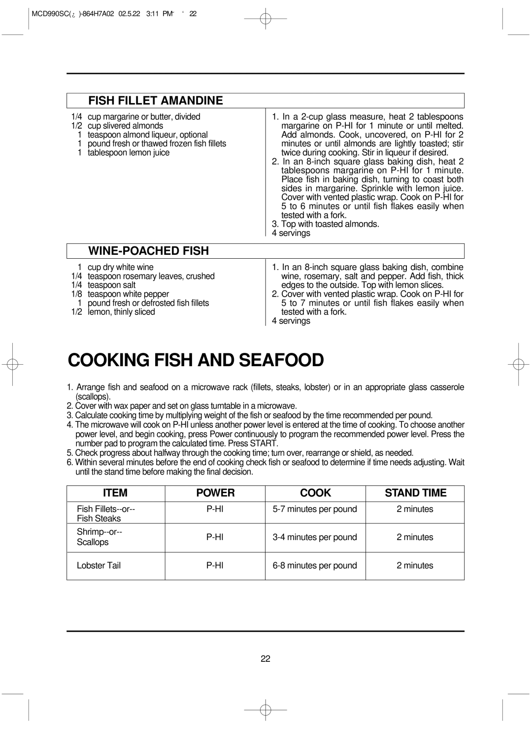 Magic Chef MCD990SC instruction manual Cooking Fish and Seafood, Fish Fillet Amandine, WINE-POACHED Fish 