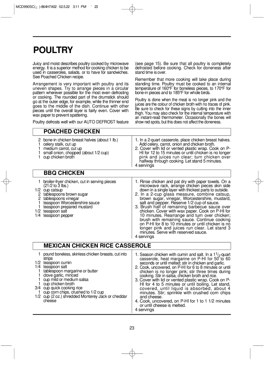 Magic Chef MCD990SC instruction manual Poultry, Poached Chicken, BBQ Chicken, Mexican Chicken Rice Casserole 