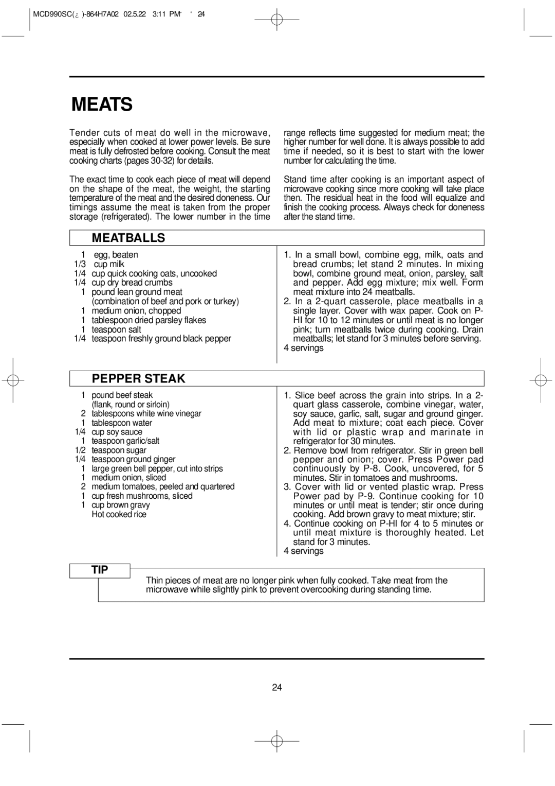 Magic Chef MCD990SC instruction manual Meats, Meatballs, Pepper Steak 