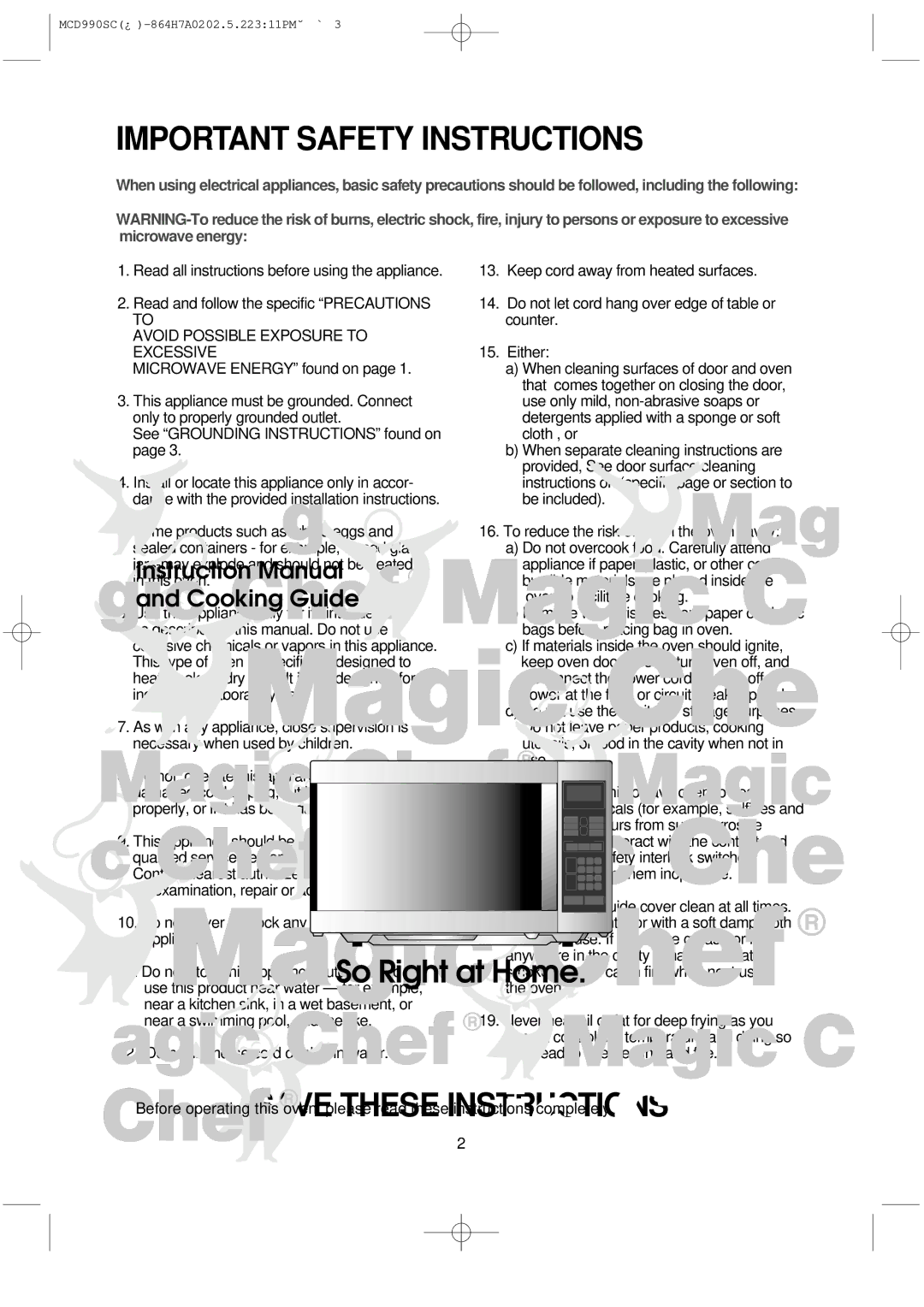 Magic Chef MCD990SC instruction manual Important Safety Instructions, Avoid Possible Exposure to Excessive 