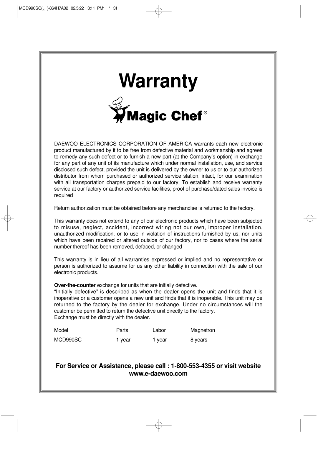 Magic Chef MCD990SC instruction manual Warranty 