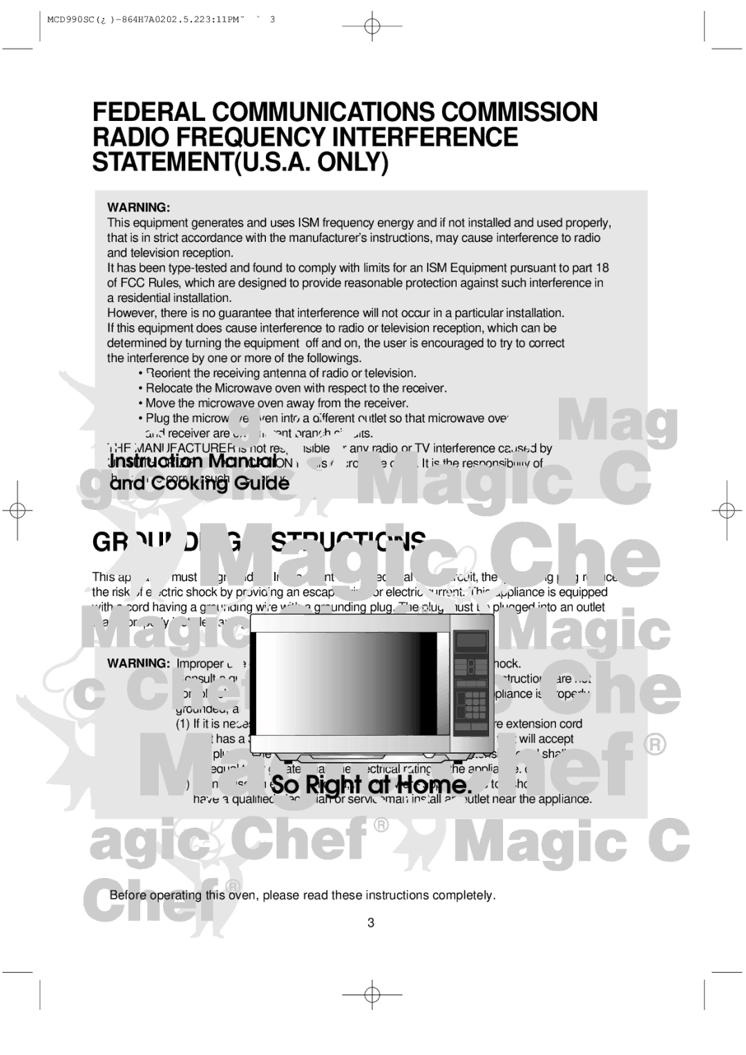 Magic Chef MCD990SC instruction manual Grounding Instructions 