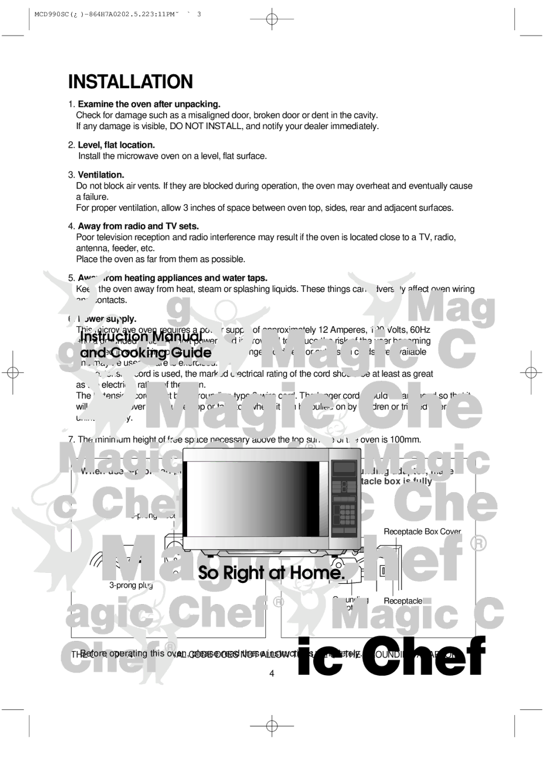 Magic Chef MCD990SC instruction manual Installation, Examine the oven after unpacking 