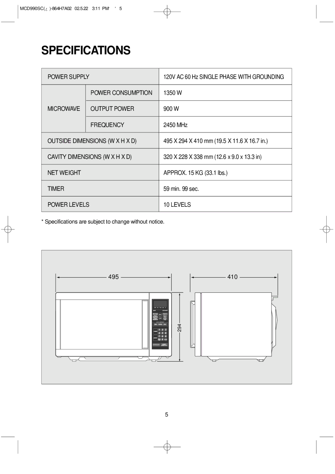 Magic Chef MCD990SC instruction manual Specifications, Power Levels 