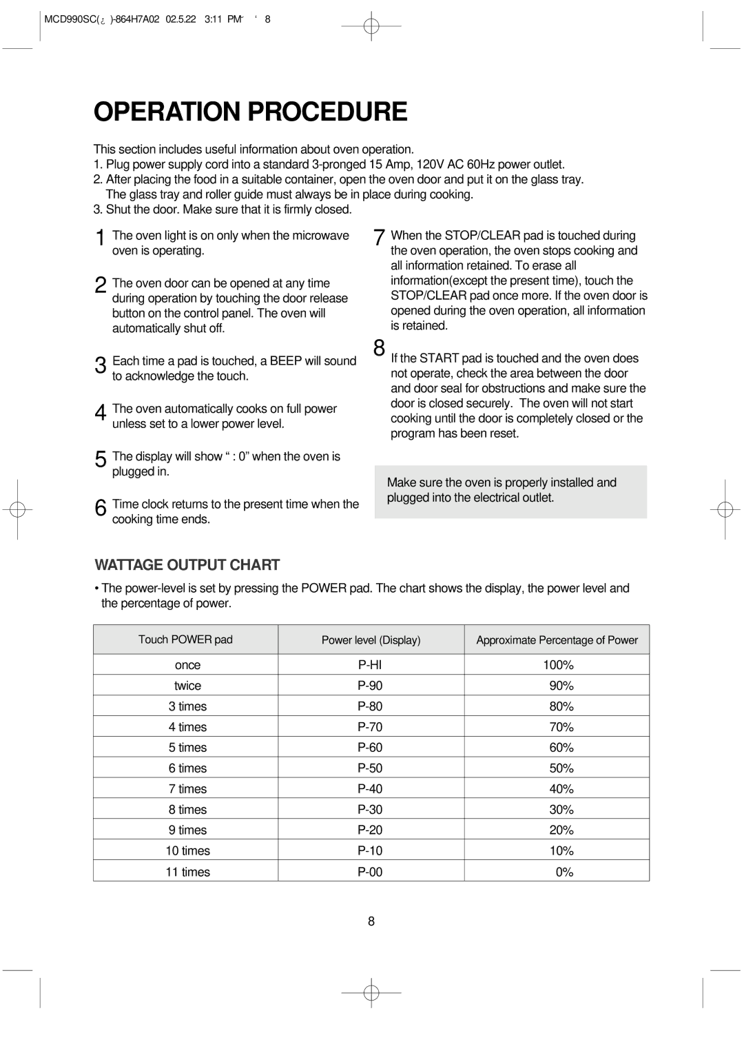 Magic Chef MCD990SC instruction manual Operation Procedure, Wattage Output Chart 