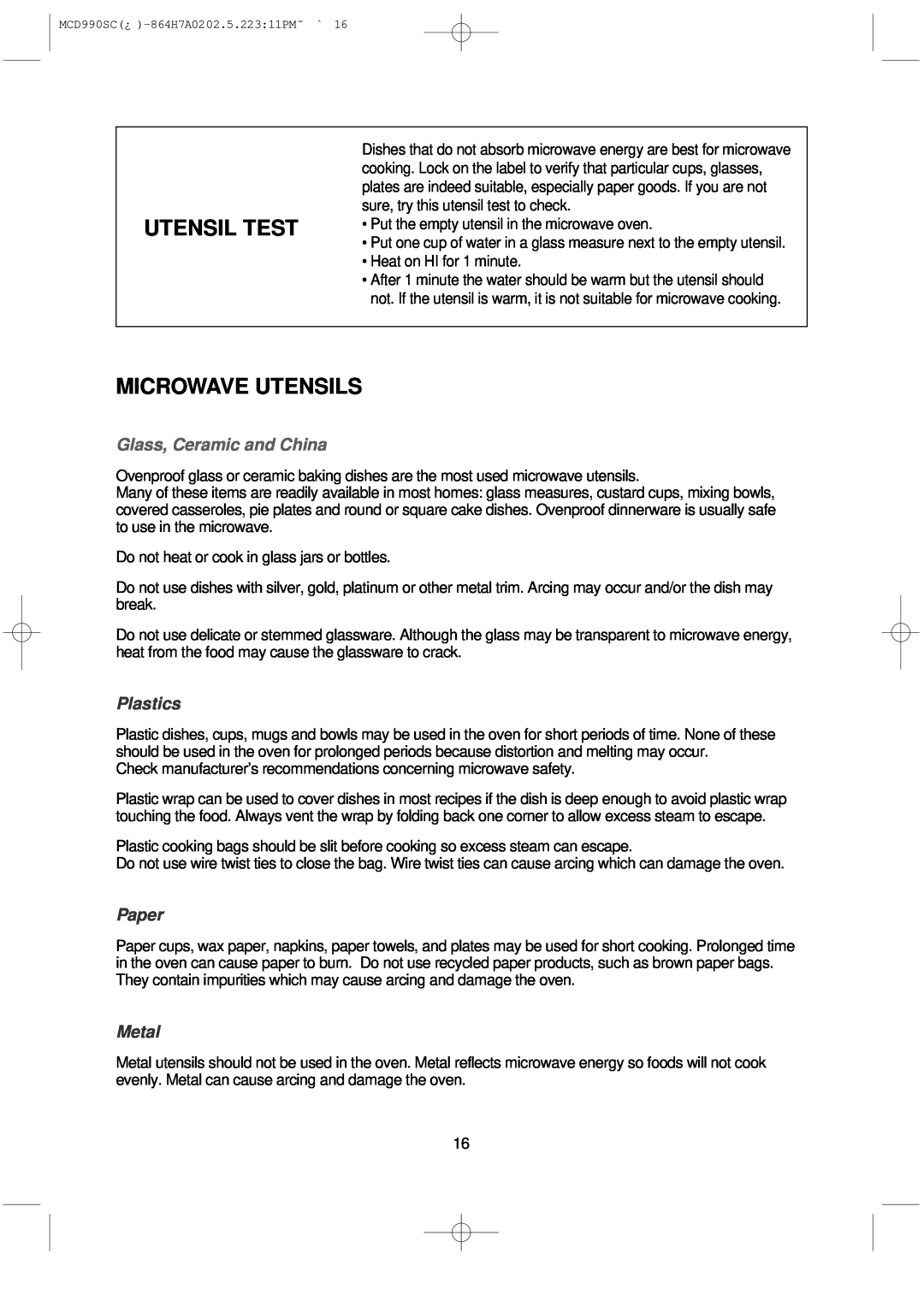 Magic Chef MCD990SC instruction manual Utensil Test, Microwave Utensils, Glass, Ceramic and China, Plastics, Paper, Metal 