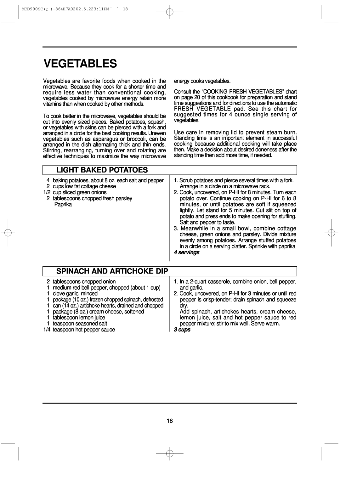 Magic Chef MCD990SC instruction manual Vegetables, Light Baked Potatoes, Spinach And Artichoke Dip, servings, cups 