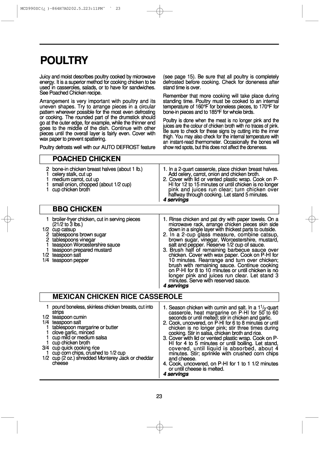 Magic Chef MCD990SC instruction manual Poultry, Poached Chicken, Bbq Chicken, Mexican Chicken Rice Casserole, servings 