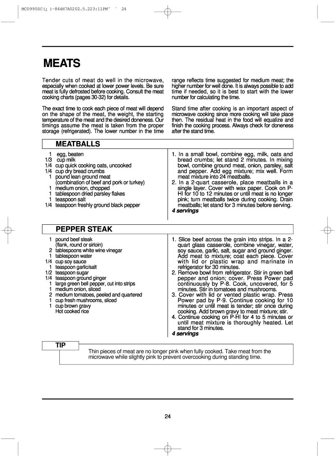 Magic Chef MCD990SC instruction manual Meats, Meatballs, Pepper Steak, servings 