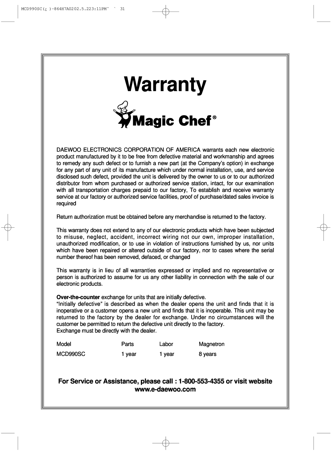 Magic Chef MCD990SC instruction manual Warranty 