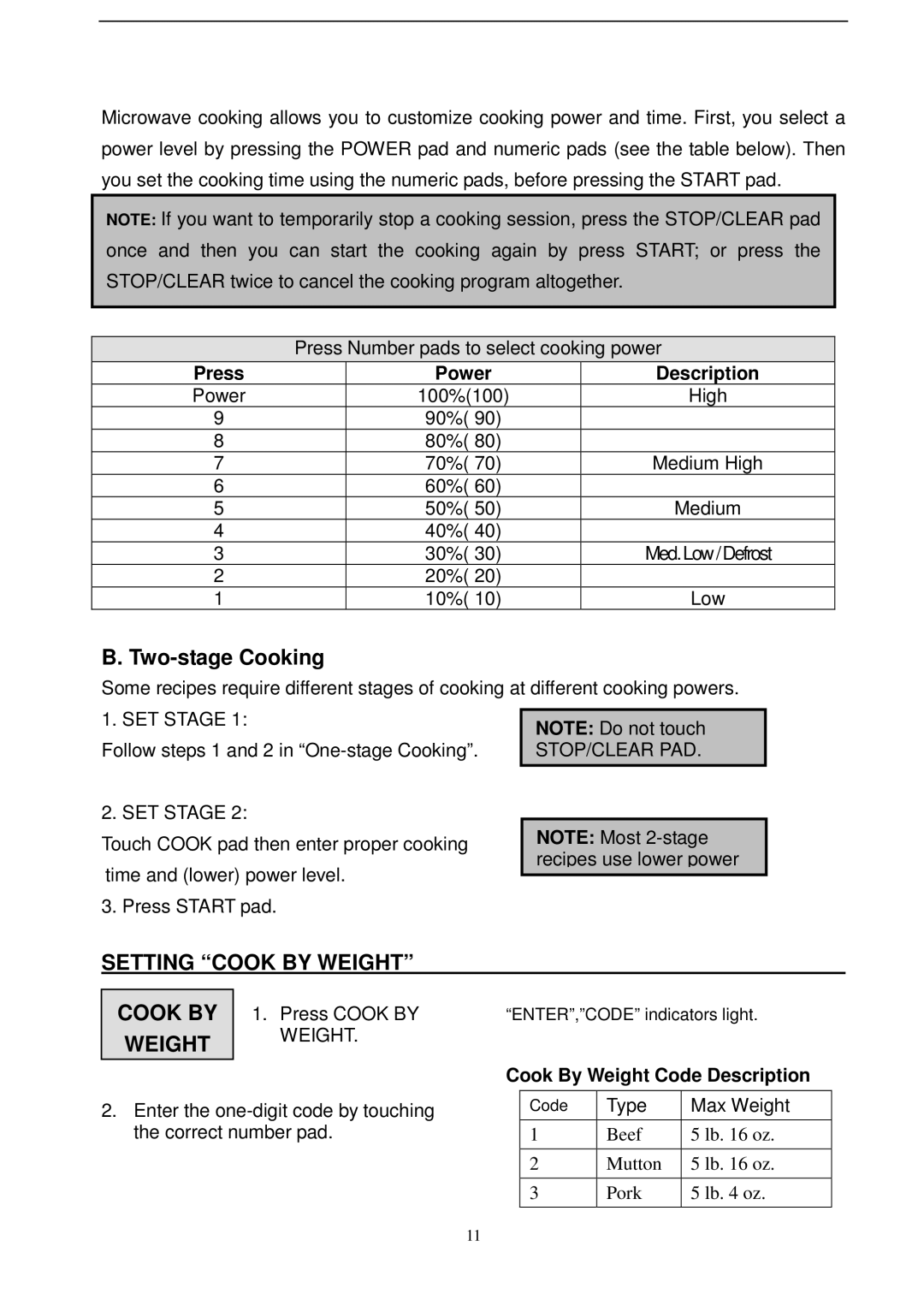 Magic Chef MCD990STG owner manual Two-stage Cooking, Setting Cook by Weight 