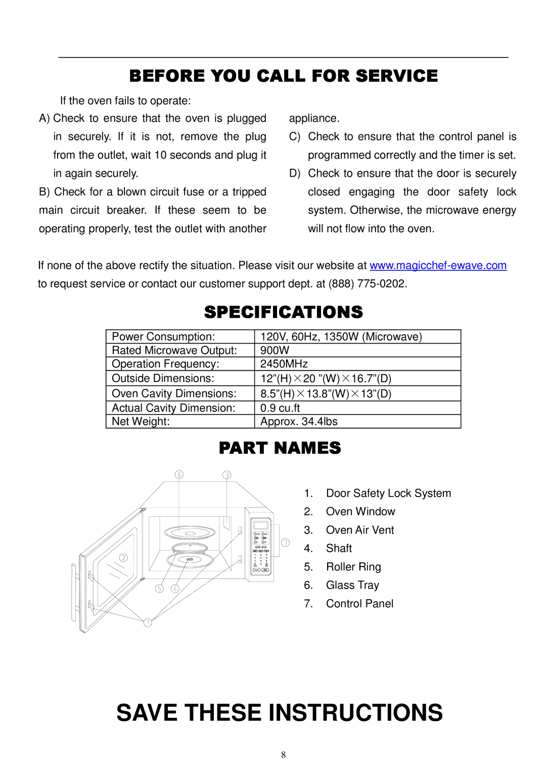 Magic Chef MCD990STG owner manual Before YOU Call for Service, Specifications, Part Names 