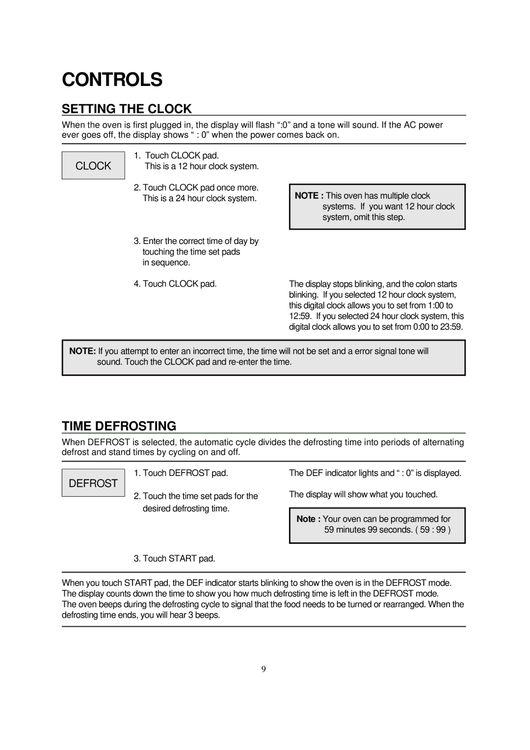 Magic Chef MCD990WF, MCD990BF instruction manual Controls, Setting the Clock, Time Defrosting 