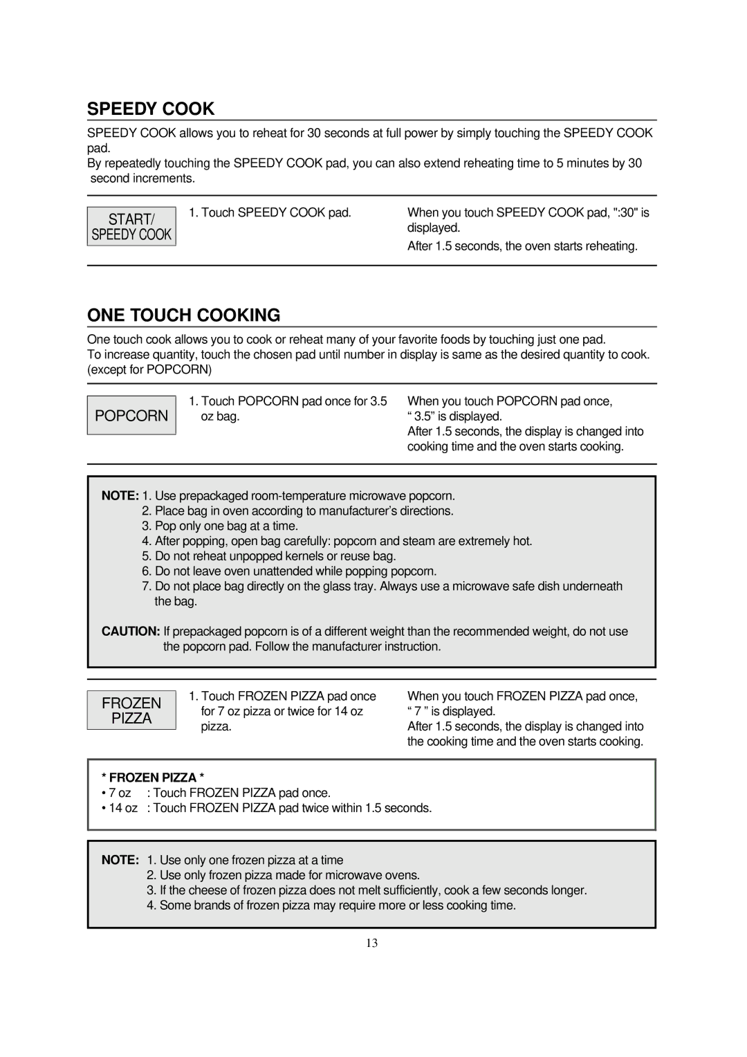 Magic Chef MCD990WF, MCD990BF instruction manual Speedy Cook, ONE Touch Cooking, Start, Popcorn, Frozen Pizza 