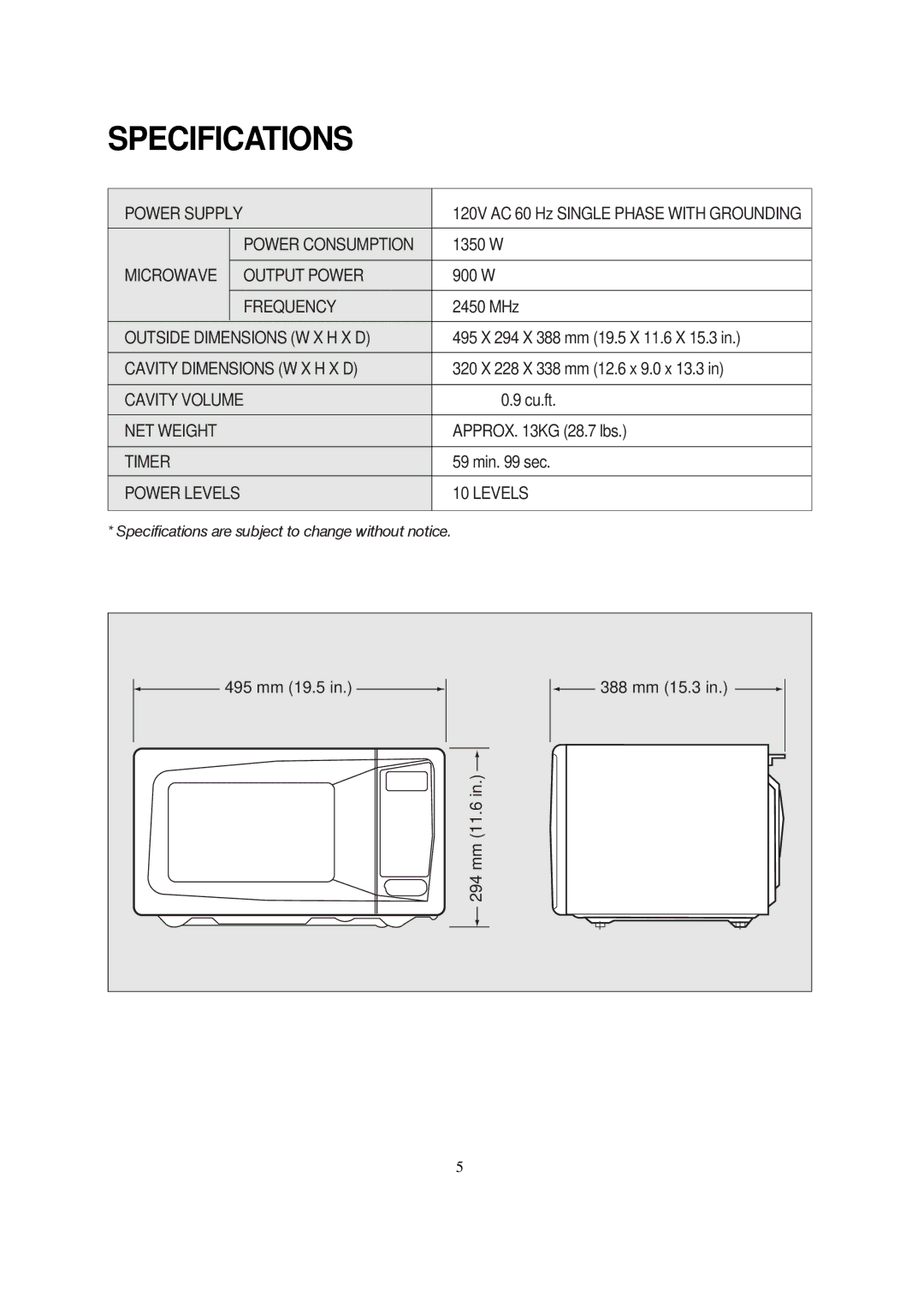 Magic Chef MCD990WF, MCD990BF instruction manual Specifications 