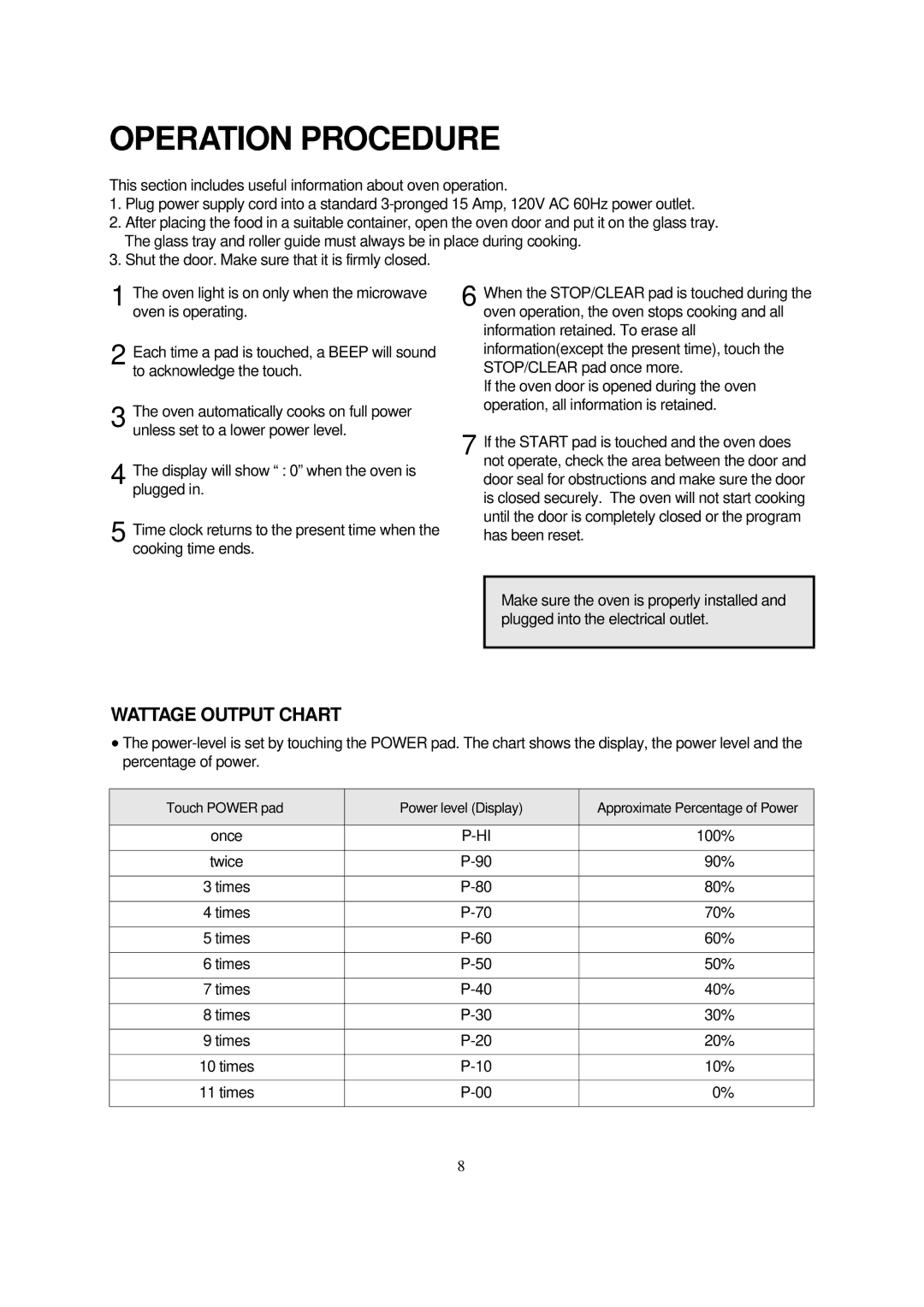 Magic Chef MCD990BF, MCD990WF instruction manual Operation Procedure, Wattage Output Chart 