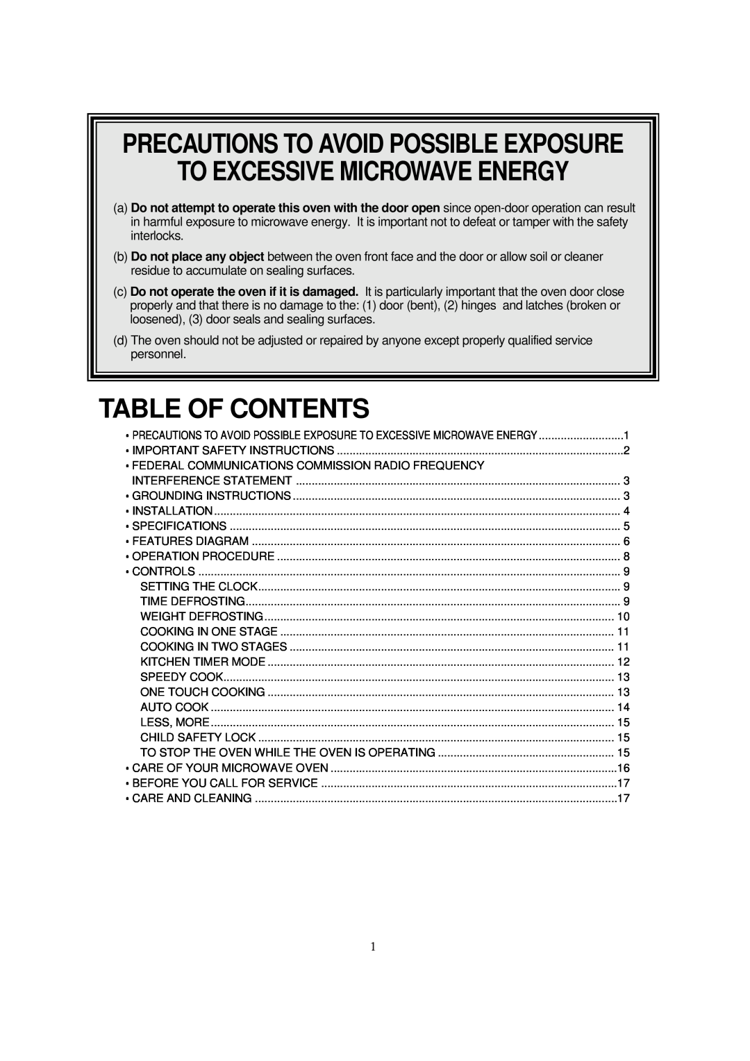 Magic Chef MCD990WF, MCD990BF Precautions To Avoid Possible Exposure To Excessive Microwave Energy, Table Of Contents 