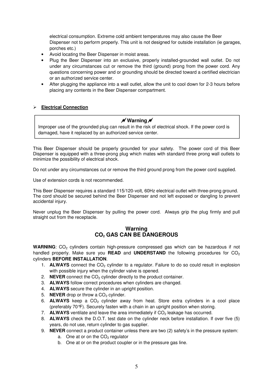 Magic Chef MCKC490S instruction manual CO2 GAS can be Dangerous, Electrical Connection 