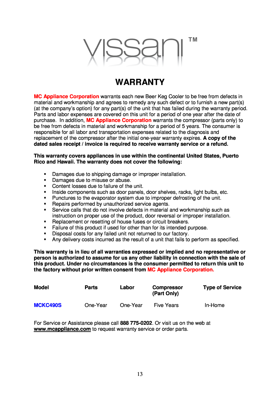 Magic Chef MCKC490S instruction manual Warranty 