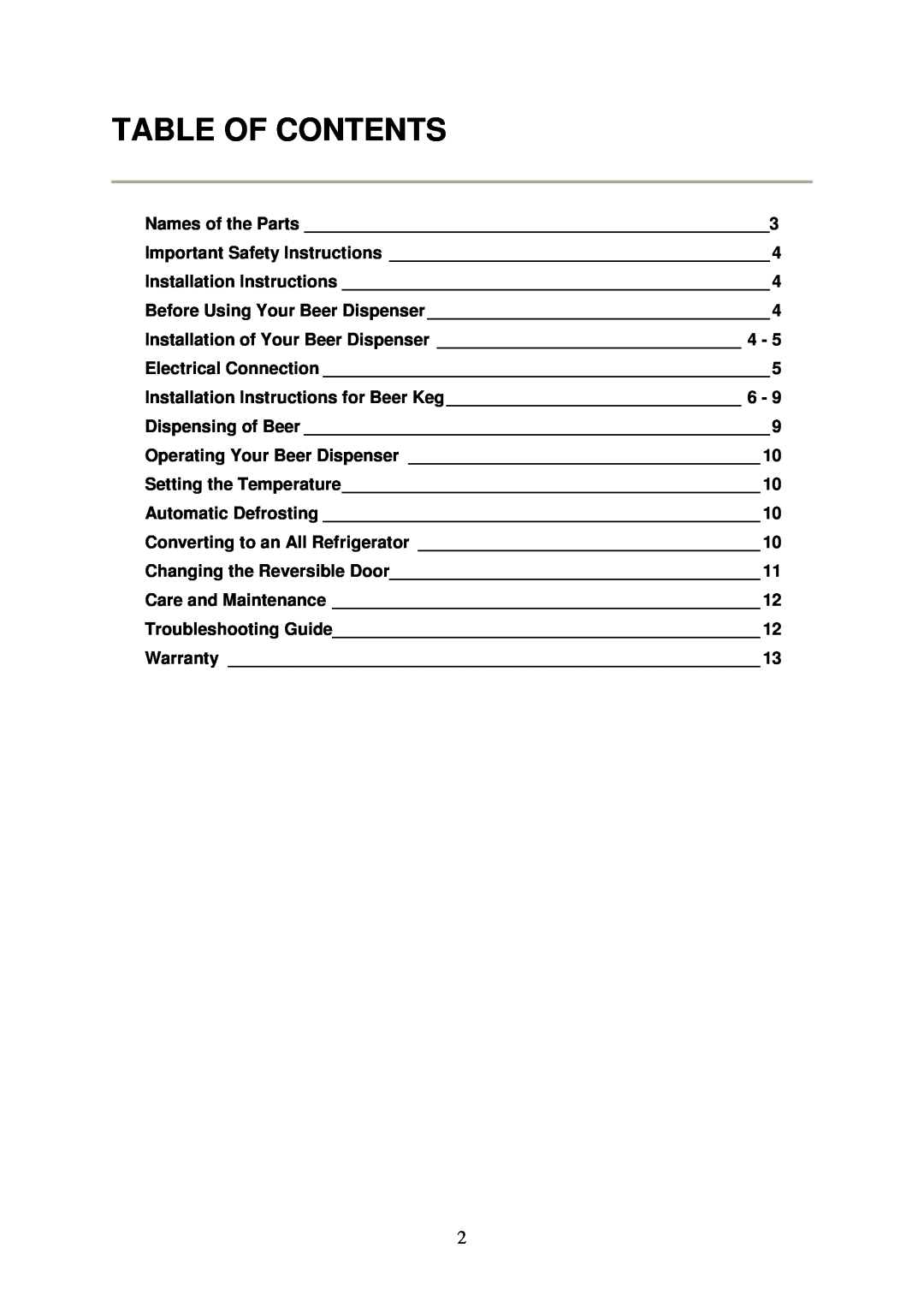 Magic Chef MCKC490S instruction manual Table Of Contents 