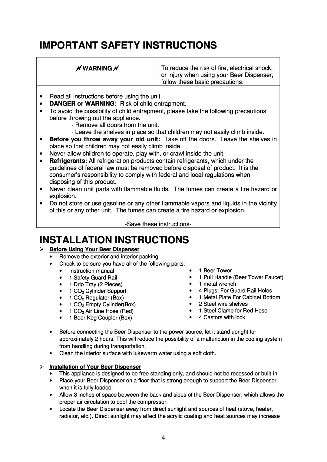 Magic Chef MCKC490S instruction manual Important Safety Instructions, Installation Instructions 