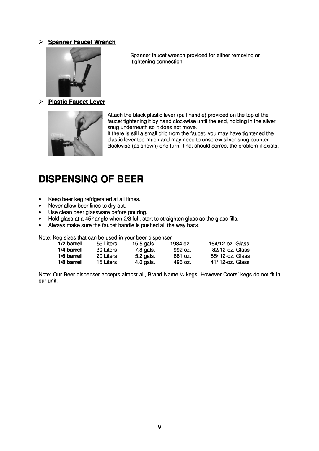Magic Chef MCKC490S instruction manual Dispensing Of Beer, 1/2 barrel, 1/4 barrel, 1/6 barrel, 1/8 barrel 
