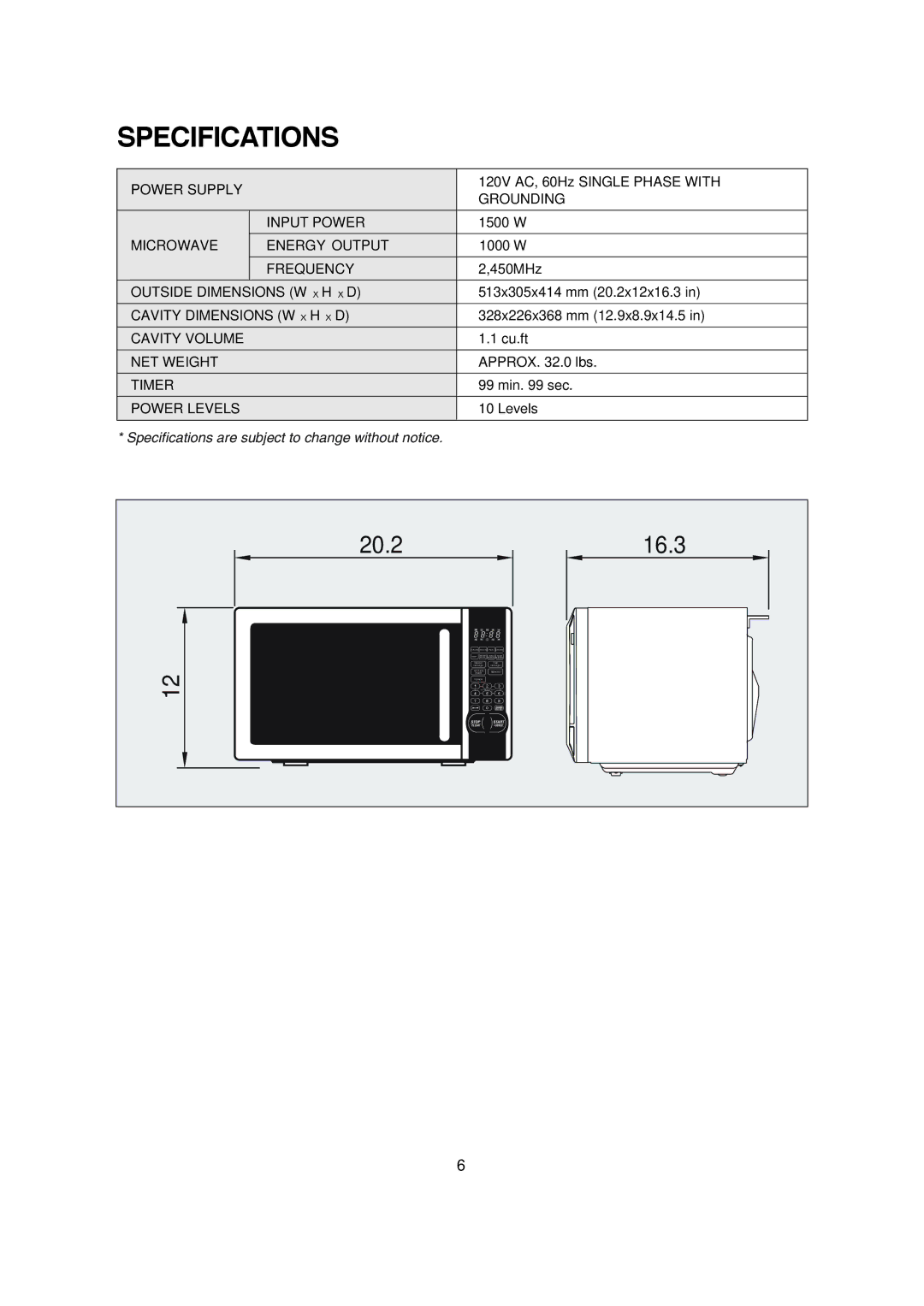 Magic Chef MCM1110ST instruction manual Specifications, 20.2 