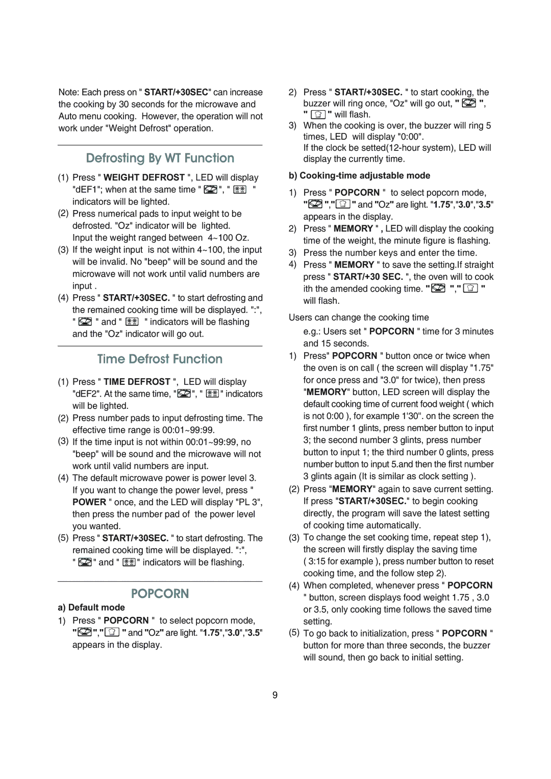 Magic Chef MCM1110W/B instruction manual Defrosting By WT Function, Popcorn 