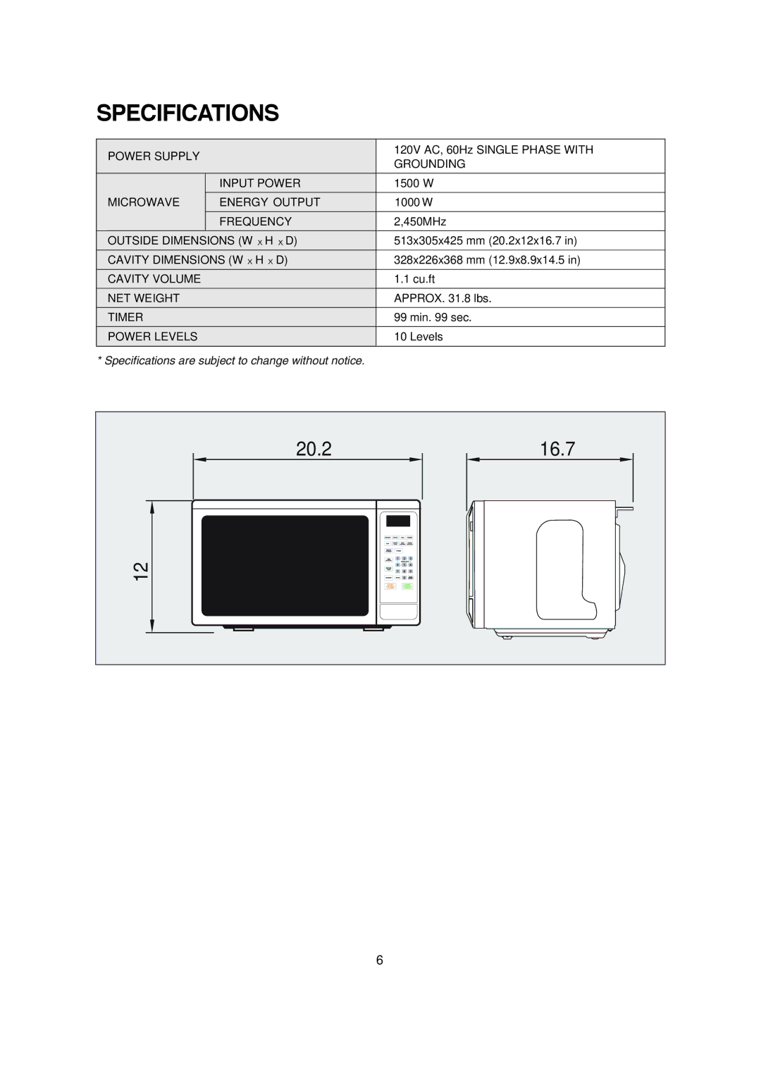 Magic Chef MCM1110W/B instruction manual Specifications 