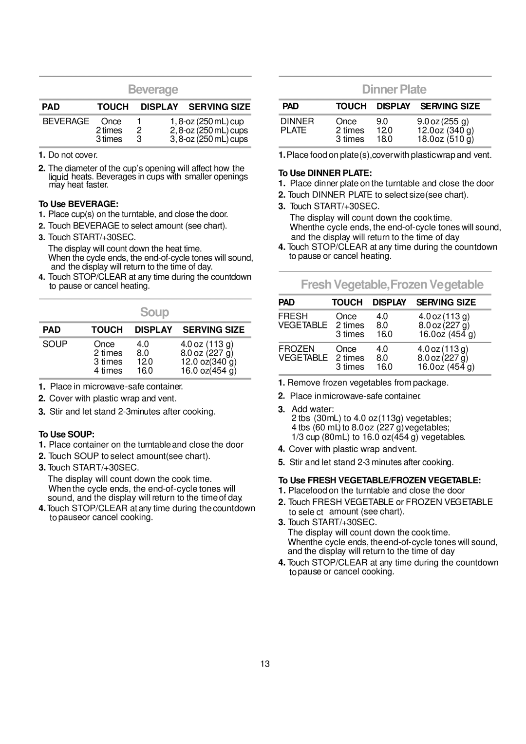 Magic Chef MCM770W/B instruction manual Beverage, Soup, Dinner Plate, Fresh Vegetable,Frozen Vegetable 