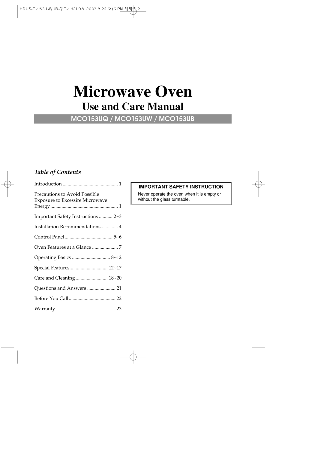 Magic Chef MCO153UQ, MCO153UW, MCO153UB important safety instructions Microwave Oven 